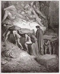 La Divina Comedia, Purgatorio, Canto 11: Las almas de los orgullosos, llevando piedras pesadas - por Dante Alighieri (1265-1321) - Ilustración de Gustave Doré (1832-1883)
