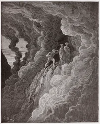 La Divina Comedia (La Divina Commedia, La Divine Comedie), Purgatorio, Canto 16: Marco Lombardo sigue a los poetas a través del humo - por Dante Alighieri (1265-1321) - Ilustración de Gustave Doré (1832-1883)