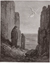 La Divina Comedia, Purgatorio, Canto 19: Los poetas ascienden al quinto círculo - por Dante Alighieri (1265-1321) - Ilustración de Gustave Doré (1832-1883).