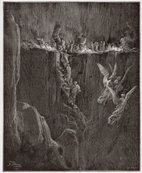 La Divina Comedia (La Divina Commedia, La Divine Comedie), Purgatorio, Canto 25: Virgilio y Dante ascienden al séptimo círculo a través de las llamas - por Dante Alighieri (1265-1321) - Ilustración de Gustave Doré (1832-1883)
