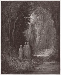 La Divina Comedia, Purgatorio, Canto 28: Dante, Virgilio y Estacio en el antiguo bosque del paraíso terrenal - por Dante Alighieri (1265-1321) - Ilustración de Gustave Doré (1832-1883).