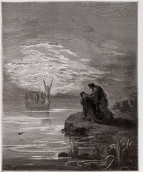 La Divina Comedia, Purgatorio, Canto 2: Dante se inclina ante el ángel piloto - por Dante Alighieri (1265-1321) - Ilustración de Gustave Doré (1832-1883)