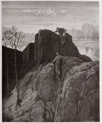 La Divina Comedia, Purgatorio, Canto 4: Virgilio guía a Dante por la escarpada ladera de la montaña - Ilustración de Gustave Doré