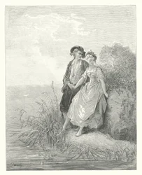 Las Fábulas de La Fontaine: Tircis y Amaranto (grabado)