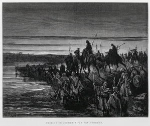 Las tribus hebreas entran en Canaán por el río Jordán, Ilustración de la Biblia de Dore