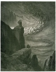 El Infierno de Dante Alighieri (la Divina Comedia) ilustrado por Gustave Dore. Edición francesa de 1861. "La bufera infernal, che mai non resta/Mena gli spirti con la sua rapina. (El huracán infernal, que nunca se detiene, atrae a los espíritus en su torbe