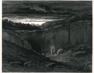 El Infierno de Dante Alighieri (la Divina Comedia) ilustrado por Gustave Dore. Edición francesa de 1861. Dante y Virgilio a la entrada del Infierno:" Lasciate ogni speranza, voi che 