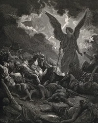 La Santa Biblia. 1866. SENAQUERIB (705-681 A.C.). Rey de Asiria (705-681 a.C.). Ángel de Yahvé del ejército de Senaquerib. Grabado