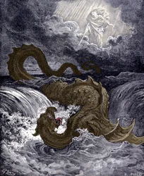 El Leviatán, monstruo marino que se asemeja a la serpiente marina mencionada en la Biblia. Ilustraciones de la Biblia por Gustave Doré. Grabado del siglo XIX.