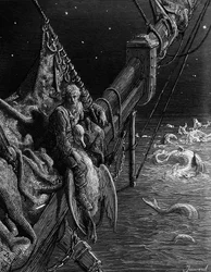 El marinero contempla las serpientes en el océano, escena de «The Rime of the Ancient Mariner» de S. T. Coleridge, publicada por Harper and Brothers, Nueva York, 1876