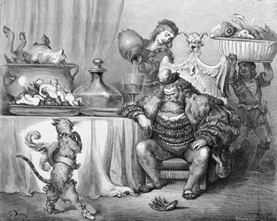 El ogro recibe al gato, ilustración para «El gato con botas» de Charles Perrault (1628-1703), 1883