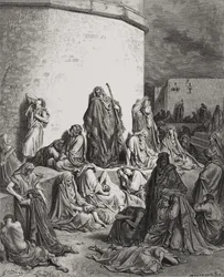El pueblo lamentándose sobre las ruinas de Jerusalén, Lamentaciones 1:1-2, ilustración de 
