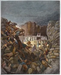 Las murallas de Jericó cayendo - La caída de las murallas de Jericó - - Grabado en "La Biblia ilustrada" por Gustave Doré (1832-1883) - Grabado de "La Biblia de Doré"