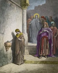 La ofrenda de la viuda (La ofrenda de la viuda) - grabado de Gustave Dore - coloreado posteriormente