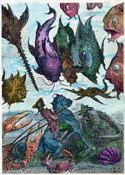El barón a caballo cruza peces en el fondo del mar. Escena de "" Las aventuras del barón de Munchausen (Munchhausen) "" de Rudolph Erich Raspe (1736 - 1794), Ilustración de Gustave Dore. Fin de la 19ª.