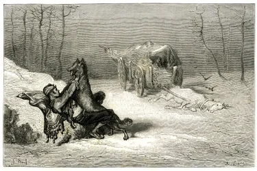 El bandolero Agostin es atacado por un lobo, cerca del caballo muerto aún alcanzado en el carro abandona a los comediantes, o esconde a la pequeña Chiquita. Grabado de Gustave Dore ilustrando la novela de Theophile Gautier "Le capitaine Fracasse", edición 