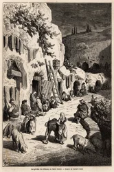 Las cuevas (casas subterráneas) de los gitanos, en Sacro Monte, en Granada. Dibujo de Gustave Doré (1832-1883), para ilustrar su viaje a España en 1862, acompañado por Ch. Davillier. Grabado en 