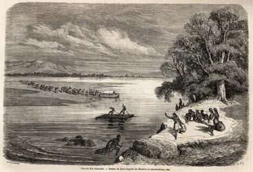 El cruce del río Colorado en balsa, acompañado por algunos indios Mohaves, dibujo de Gustave Doré (1832-1883), para ilustrar el viaje del Misisipi al Océano Pacífico en 1853-54 por Baudouin Mollhausen (1825-1905). Grabado en “Le tour du monde, nuevo diario