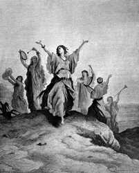 La hija de Jefté, el juez de Israel, fue a encontrarse con su padre. Ilustración de Gustave Doré. Grabado del siglo XIX.
