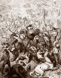 La lucha contra los arrieros de Yanguas Grabado de Gustave Dore (1832-1883) para "El Ingenioso Hidalgo Don Quijote de la Mancha" de Miguel de Cervantes (1547-1616) 1863 Colección particular