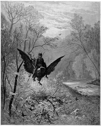 El hipogrifo, montado por el caballero Ruggiero (Roger, Ruggero), llega a una región risueña - Grabado de Gustave Doré que ilustra «Orlando furioso» de Ludovico Ariosto (1474-1533), llamado Ariosto - Hipogrifo, ilustración de Gustave Doré para Ariosto