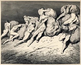 Los acaparadores y derrochadores. Ilustración de la Divina Comedia de Dante Alighieri, 1857