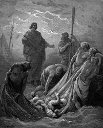 La pesca milagrosa. Lucas: 5:6. De la Biblia ilustrada de Gustave Dore 1865