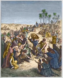 La multiplicación del pan - Cristo alimentando a la multitud (Abundancia Pan Cristianismo Multitud Grabado Pescado) - grabado en “La Biblia ilustrada” por Gustave Doré (1832-1883) - Grabado de “La Biblia de Doré”