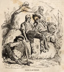 La siesta de los porteadores del puerto de Alicante, boceto realizado en vivo por Gustave Doré (1832-1883), para ilustrar su viaje a España, en 1862, con Ch. Davillier. Grabado en "Le tour du monde", editado por Edouard Charton