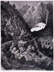 El anciano sosteniendo una bolsa y su bastón caminando en un paisaje hostil es superado por un ángel agitando una lanza de fuego, Placa VII - Ilustración de Gustave Doré (1832-1883), para La leyenda del judío errante de Pierre Dupont, edición Librería del 