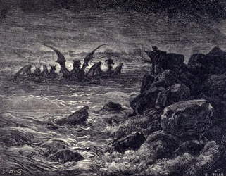 El profeta Daniel ve aparecer monstruos: Haniel, Kafziel, Azriel, Aniel. Grabado de la Biblia ilustrada por Gustave Doré. Siglo XIX