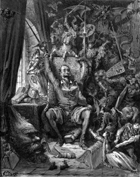 La lectura de Don Quijote (Quixote o Qijote). Grabado de Gustave Doré que ilustra la edición de Hachette de 1869 del libro «El ingenioso hidalgo don Quijote de la Mancha» (Mancha) de Miguel de Cervantes Saavedra, traducción de Louis Viardot, 370