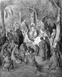 El sermón de la montaña: Jesucristo predica ante todos sus discípulos. Ilustración de la Biblia (Nuevo Testamento) de Gustave Doré (1832-1883), 1866