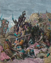 El asedio de Ptolemais durante la tercera cruzada 1189 - grabado por Gustave Doré de la Historia de las Cruzadas por Joseph-Francois Michaud - El asedio de San Juan de Acre (Israel), en 1191. Durante la 3ª Cruzada, soldados con armadura rodean la ciudad fo