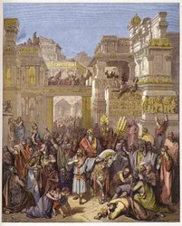 El triunfo de Mardoqueo (o Mordejai o Mardoqueo) - Triunfo de Mardoqueo - grabado en "La Biblia ilustrada" por Gustave Doré (1832-1883) - Grabado de "La Biblia de Doré"