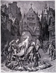 El judío errante rodeado de curiosos en una ciudad - en “La leyenda del judío errante” por Gustave Doré, Librería de la Tienda Pintoresca