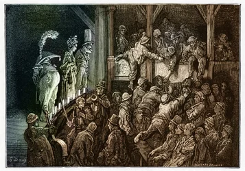 Teatro: el público durante una representación teatral. Colorido grabado de "" Londres, una peregrinación "" ilustrado por Gustave Dore (1832-1883).