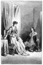 Vallombreuse se arrodilla ante Isabelle, de la que está enamorado. Grabado de Gustave Dore que ilustra la novela de Theophile Gautier "Le capitaine Fracasse", edición Charpentier 1863.