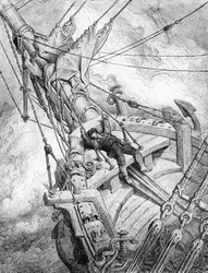 El Espíritu del Polo Sur sigue exigiendo venganza por el asesinato del albatros, y el marino es arrojado al suelo y se desmaya, escena de "The Rime of the Ancient Mariner" de S.T. Coleridge, publicada por Harper  Brothers, Nueva York.