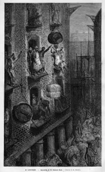 Vista de la vida en Londres. Dibujo de Gustave Doré. Grabado en "Le Monde illustré" 1883. Colección privada.