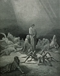 Virgilio (70-19 a.C.) y Dante mirando a la mujer araña, ilustración de 