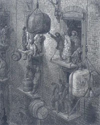 Almacenes en la ciudad de Londres. De Gustave Dore y Blanchard Jerrold Londres: A Pilgrimage London 1872.