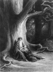 El mago Merlín y el hada Vivien en el bosque de Brocéliande. Según el poema «Vivien» de Alfred Tennyson (publicado por la editorial Hachette, París, 1868)