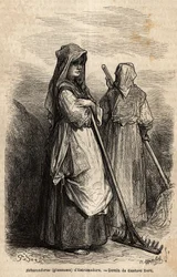 Las espigadoras de Extremadura, con sus grandes rastrillos de madera para recoger la parte de la cosecha que se olvidó en los campos después de la cosecha. Grabado para ilustrar el viaje a España por Gustave Doré (1832-1883) ilustrador y Barón Ch. Davillie