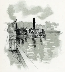 Barcos amarrando en el puerto de La Villette, París. Dibujo de Gustave Fraipont (1849-1923) de «La Seine à travers Paris» de Saint-Juirs