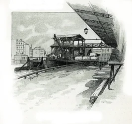Muelles del puerto de La villette, París Dibujo de Gustave Fraipont (1849-1923) extraído de "La seine a travers Paris" de Saint-Juirs