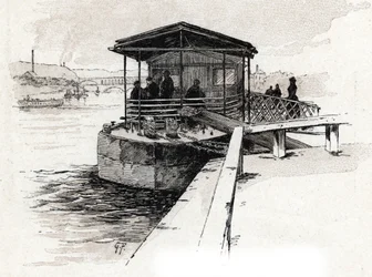 Embarcadere des Bateaux-mouches sur la Seine, Paris (Vista del embarcadero de barcos turísticos en el río Sena, París) Dibujo de Gustave Fraipont (1849-1923) extraído de "La seine a travers Paris" de Saint-Juirs