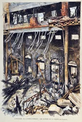 Incendio de la Opera Comique (Opera-Comique) en París el 25 de mayo de 1887 durante la representación del primer acto de "Mignon" de Ambroise Thomas. Las ruinas interiores. Ilustración de Gustave Fraipont (1849-1923) Grabado de 1887 en "Paris-Illustrous jo
