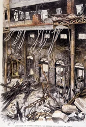 Bomberos trabajando en las ruinas de la sala de la ópera cómica de París tras el incendio, por Fraipont