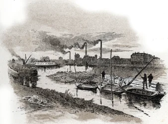 Ivry sur Seine, trenes de madera (Balsas de madera en el río Sena, Ivry-sur-Seine) Dibujo de Gustave Fraipont (1849-1923) extraído de "La seine a travers Paris" de Saint-Juirs